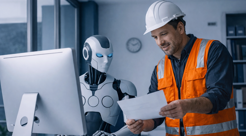 Operario revisando documentos junto a un sistema automatizado como apoyo a la digitalización preventiva