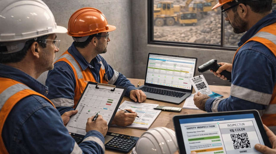 Equipo revisando inspecciones digitales, registros y control operativo